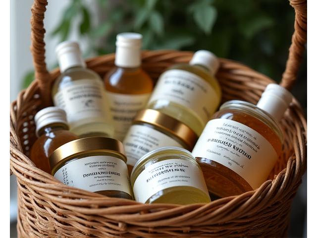 Rieten mand gevuld met glazen potten en flesjes van natuurlijke cosmetica producten.