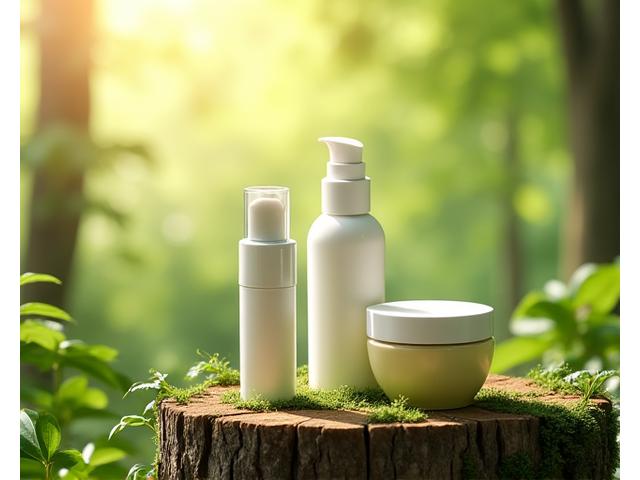 Flesjes cosmetica staan op een boomstam in een zonnig bos, symboliseert duurzame productie